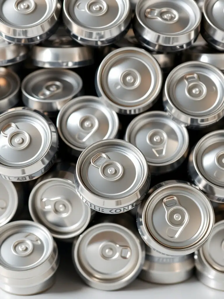 A close-up shot of neatly stacked aluminum cans at a recycling facility, showcasing their shiny, silver appearance and uniform shape.