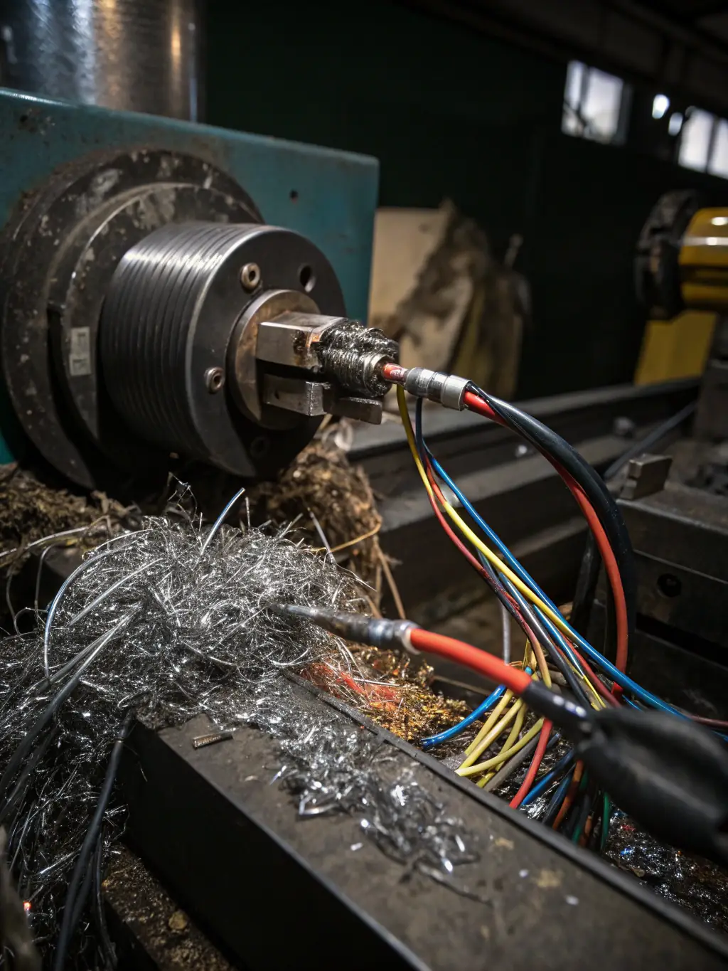 A photo of a metal shredder in operation at a recycling facility, with metal pieces being fed into the machine.