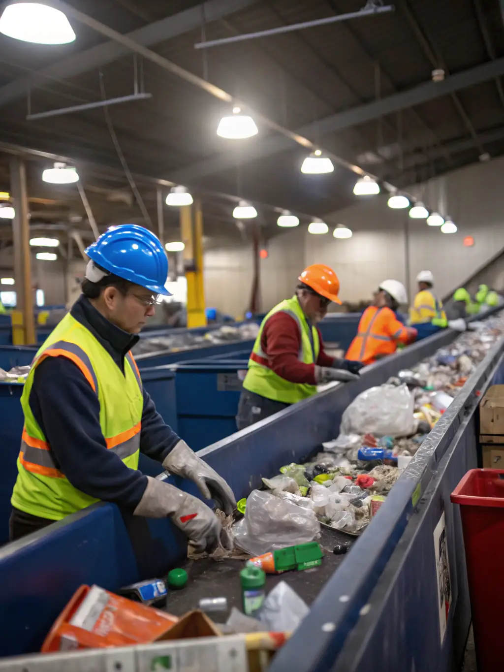 A photo of metal sorting process at a recycling center, showing workers separating different types of metals on a conveyor belt.