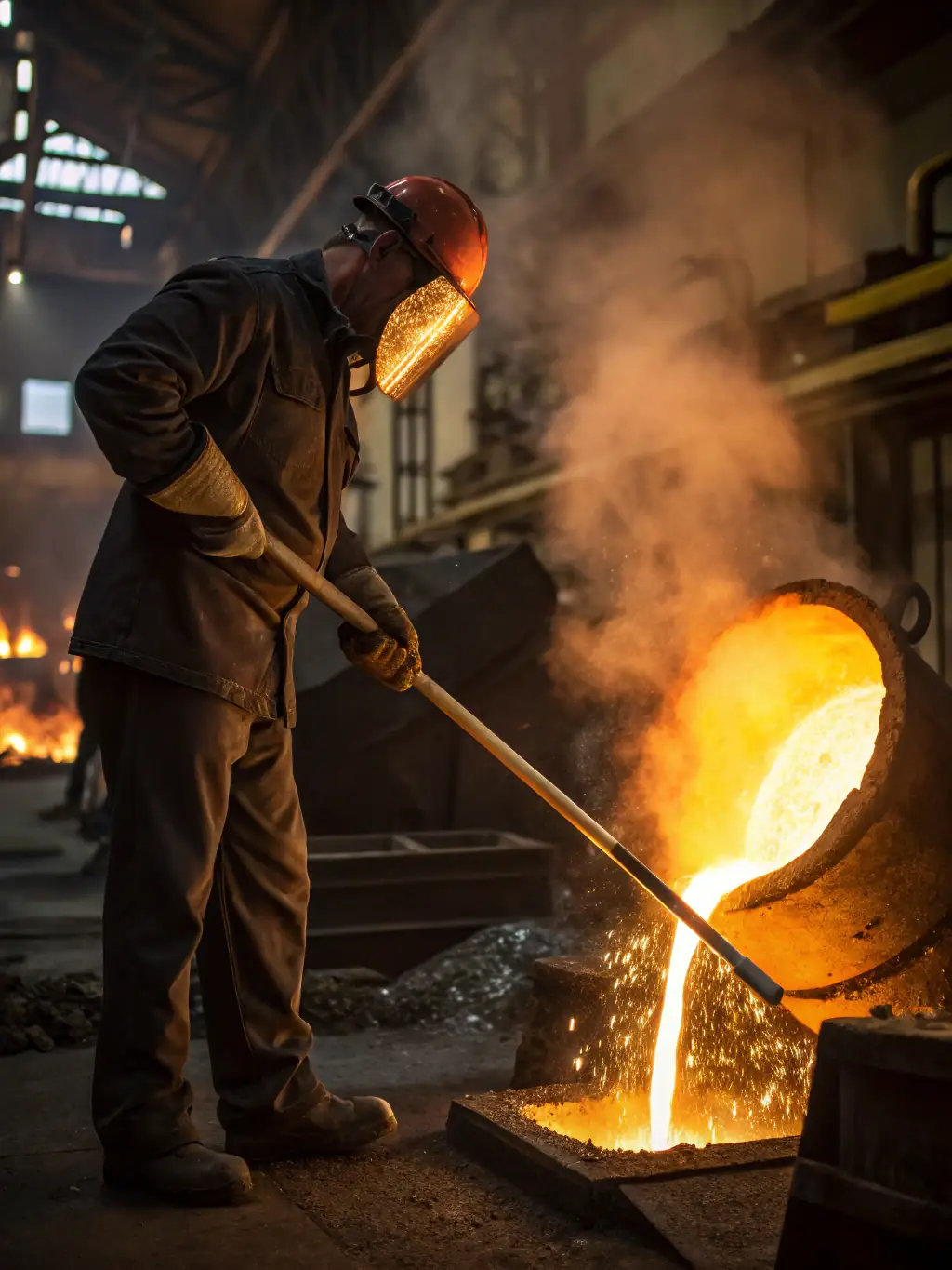 A photo of molten metal being poured into molds at a metal recycling plant, with workers overseeing the process.