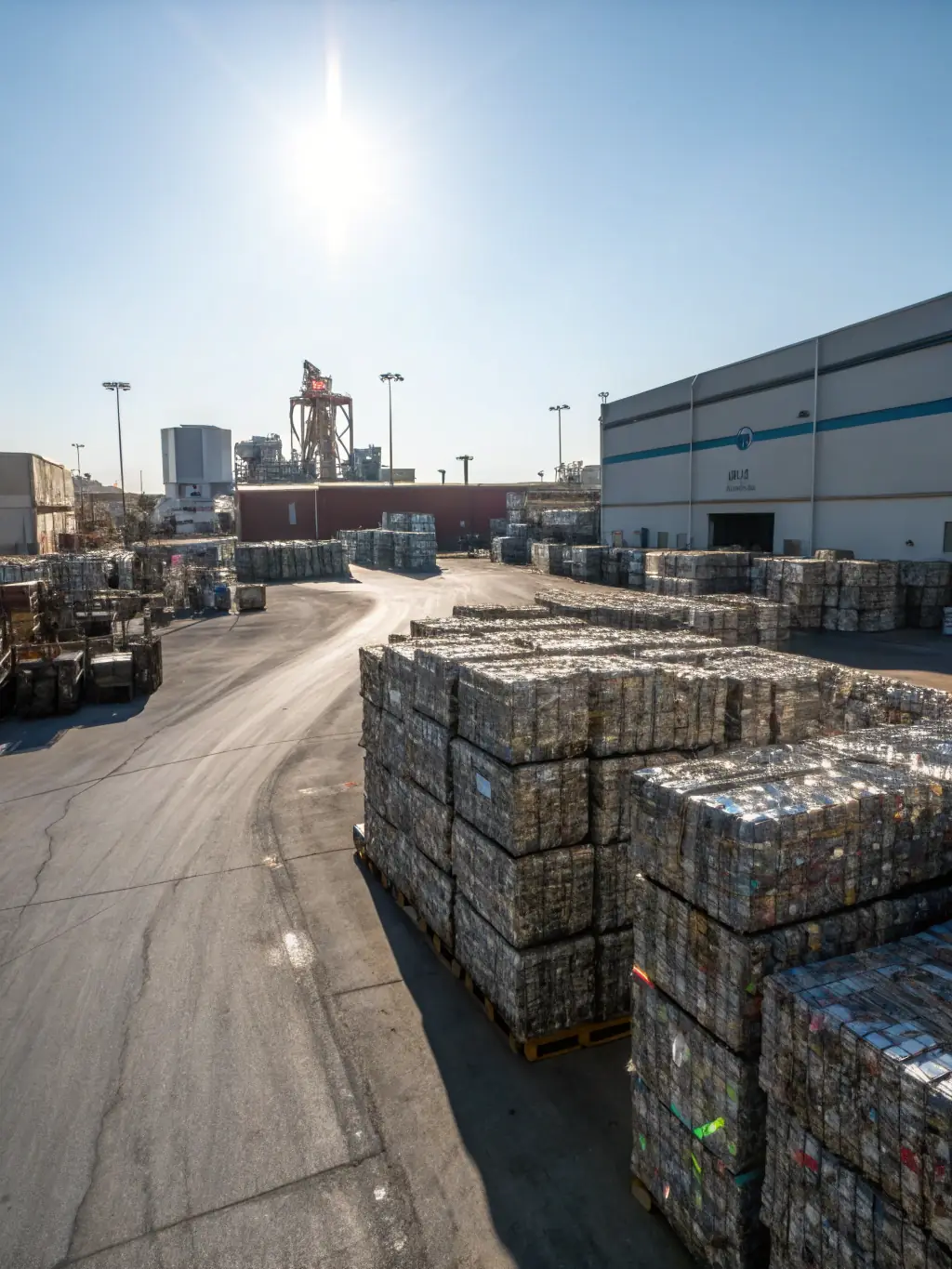 A photo of recycled metal products, such as pipes and sheets, stacked and ready for distribution at a recycling center.