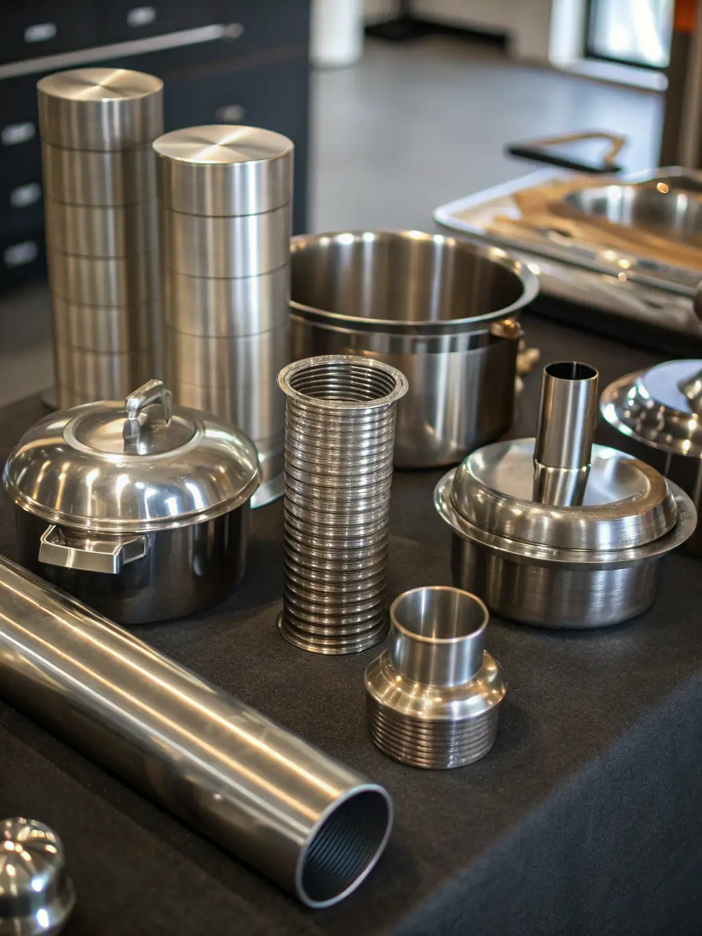 A collection of stainless steel appliances and components at a recycling facility, emphasizing the sleek, silver finish of stainless steel.