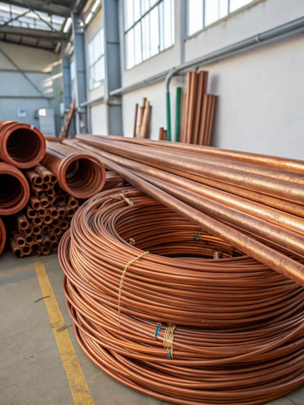 A pile of copper pipes and wires at a recycling center, highlighting the reddish-brown color of copper and its various forms.